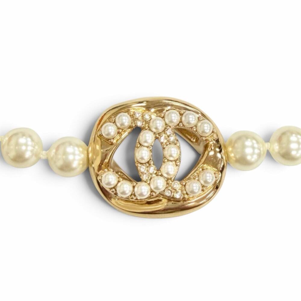 CHANEL B24A ABD727 Coco Mark Pearl Choker Necklace, Gold, Made in Italy, Wome...